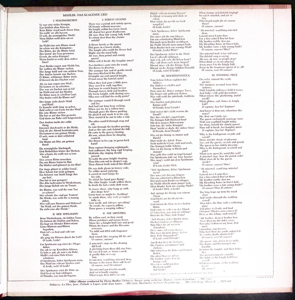 BOULEZ CONDUCTS MAHLER DAS KLAGENDE LIED COLUMBIA VINYL 2-LP SET 217-42 - Image 4 of 4