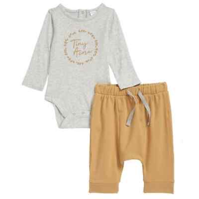 Nordstrom Baby Graphic Bodysuit Joggers Set Grey Light Heather Acorn Tan 3M NWT