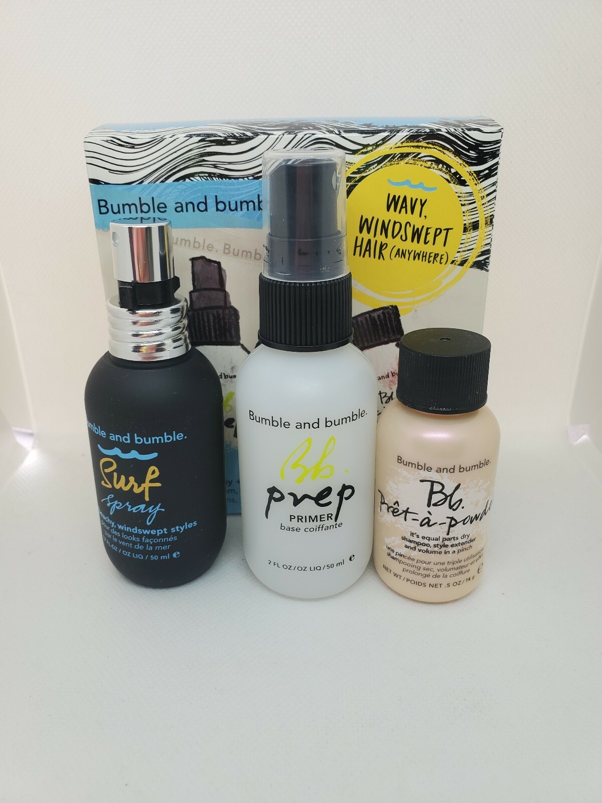 NIB Bumble and Bumble 3 PC TRAVEL SET WAVY PREP + SURF SPRAY + PRET-A-POWDER