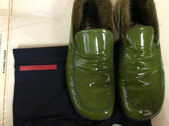 Vintage 1999-2000 Prada Mens Mink Shoe Moccasin Green patent