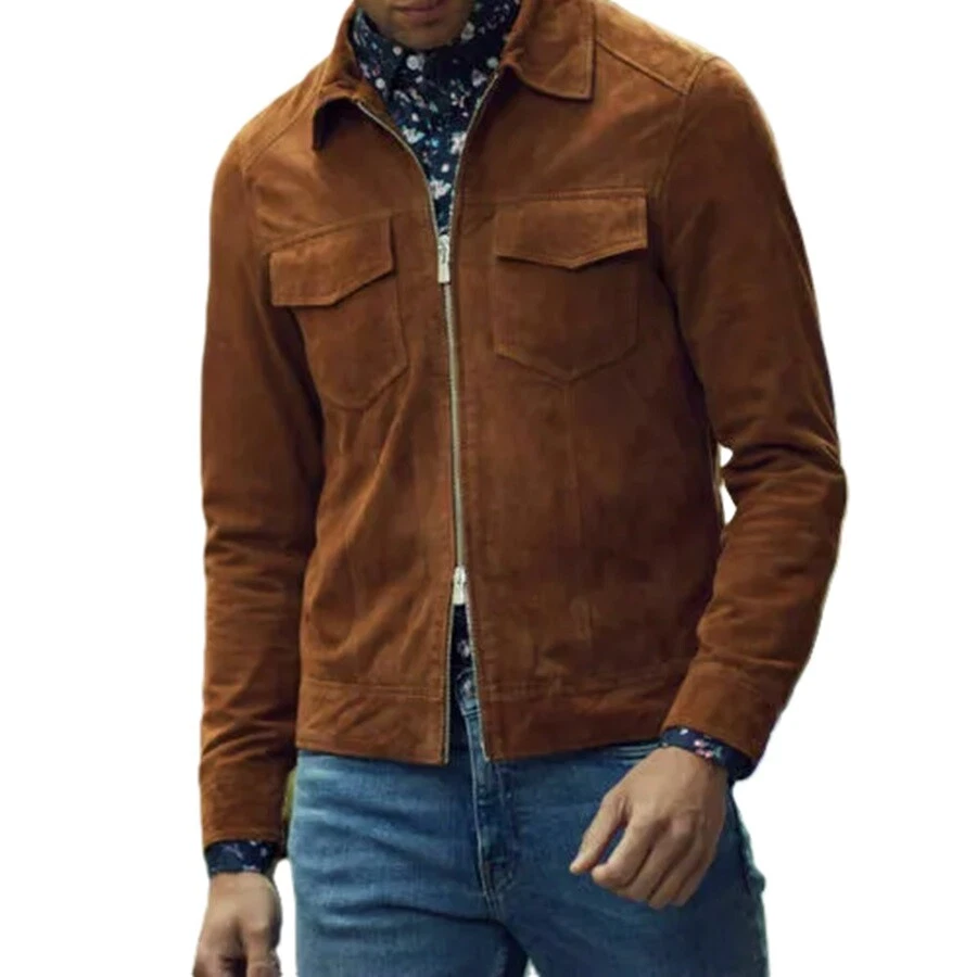 Men's Genuine Soft Suede Leather Brown Jacket Café Racer Classic Vintage Jacket