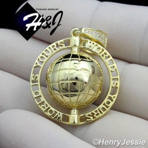 Authentic 925 STERLING SILVER ICY CZ GOLD PLATED "WORLD IS YOURS" SPIN GLOBE PENDANT*GP138