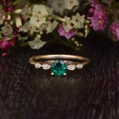 2Ct Lab Created Green Emerald Solitaire Engagement Ring 14K Rose Gold Finish N