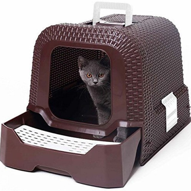 Large Cat Litter Hooded Tray Hygienic Toilet Indoor Outdoor Brown