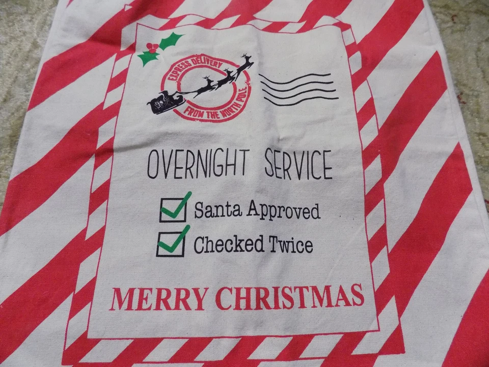 复古帆布包 抽绳 红色条纹 圣诞快乐 Express 邮件 JUMBO 32"x21" — 第 2/4 张图片