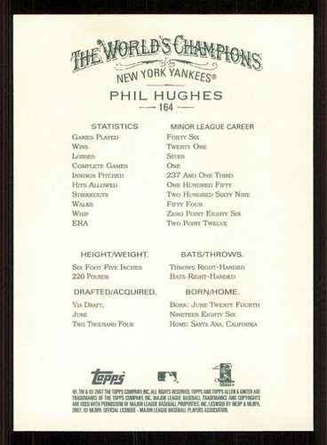 2007 Topps Allen and Ginter #164 Phil Hughes (RC) - Picture 2 of 2