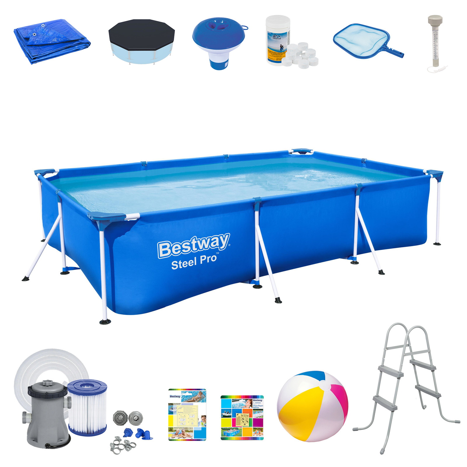 21in1 PISCINA BESTWAY 300cm x 201cm x 66cm Sobre el Suelo Piscina Cuadrada + BOMBA