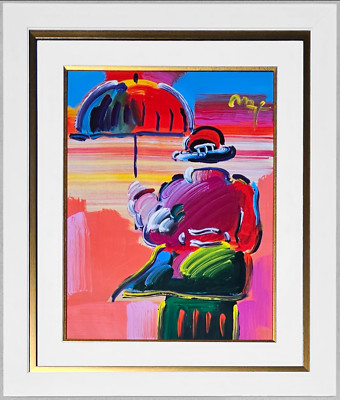 PETER MAX Umbrella Man Originalgemälde, Einzigartige Hand signiert, gerahmt