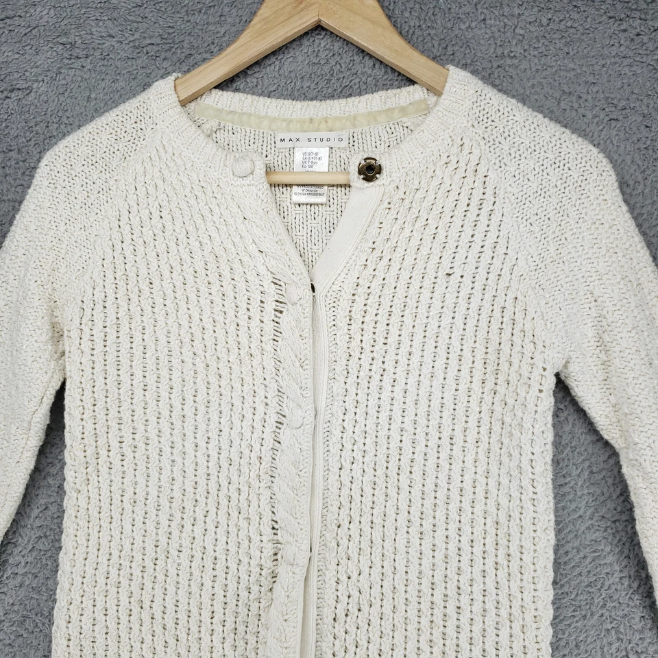 Max Studio Cardigan Sweater Girls 7-8 Ivory Cable Knit Button Front - Image 2 of 4