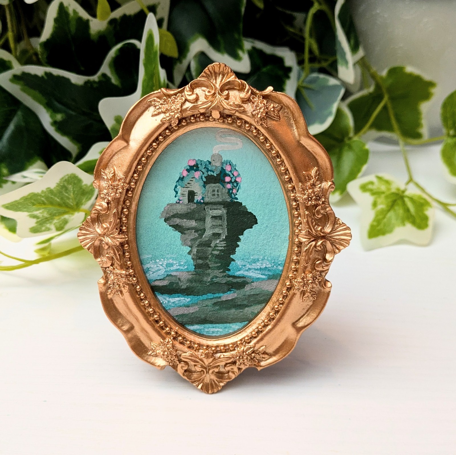 Original Flower Path Landscape, Mini Framed Painting, 3.8" x 4.7", SaraAlexisArt