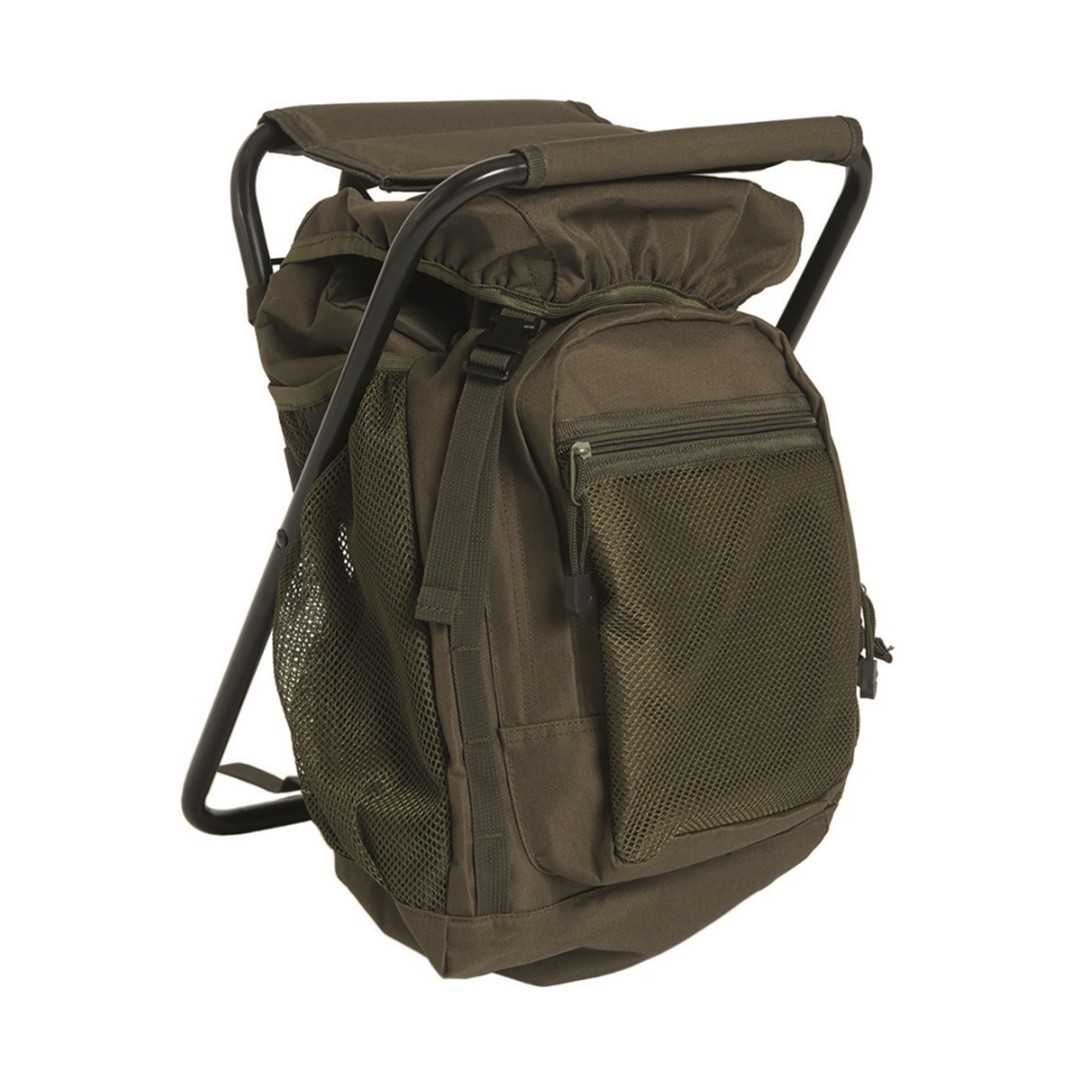 Mil-Tec 20Ltr Fishing Backpack with Stool OD Olive Green Rucksack Tackle Bag