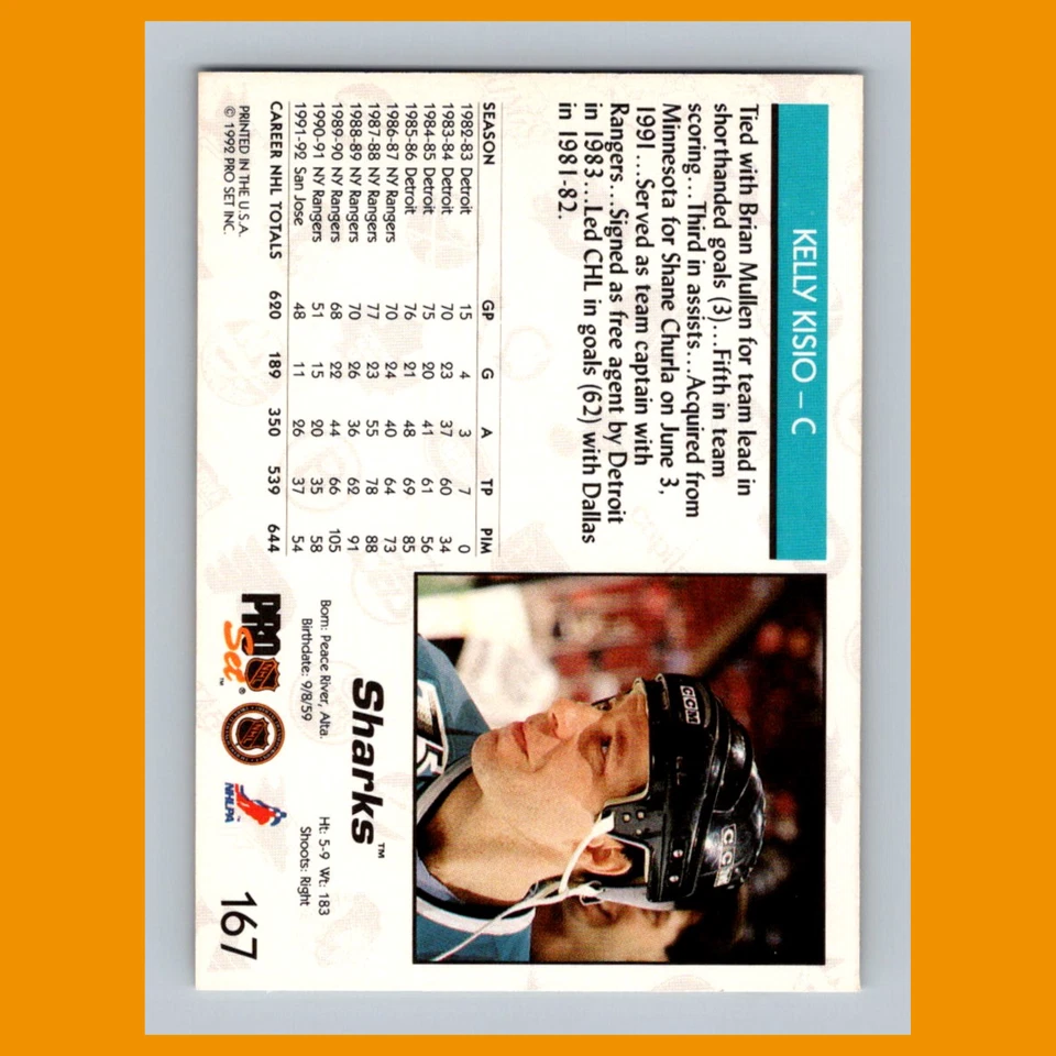 Kelly Kisio #167 1992-93 Pro Set San Jose Sharks Hockey Card NHL - Image 2 of 3