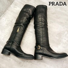 PRADA Long Boots Shoes EU 36.5 US 6.5 Leather Black Authentic