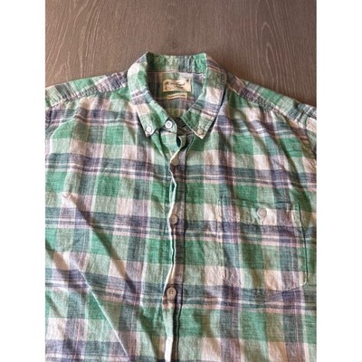 Weatherproof Vintage Mens Green Plaid Washable Linen Short Sleeve Button Down L