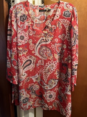 Pretty AVENUE Sz 22/24 (2X) Red Paisley Lightweight 3/4 Sleeve Tunic Blouse