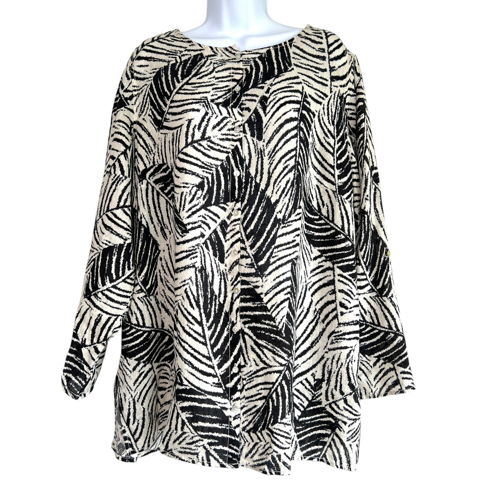 Cynthia Rowley Womens Linen Button Up Tunic White Black Leaves Size 1X Beachy