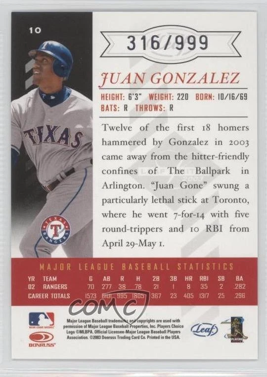 2003 Leaf Limited /999 Juan Gonzalez #10 - Image 2 of 2