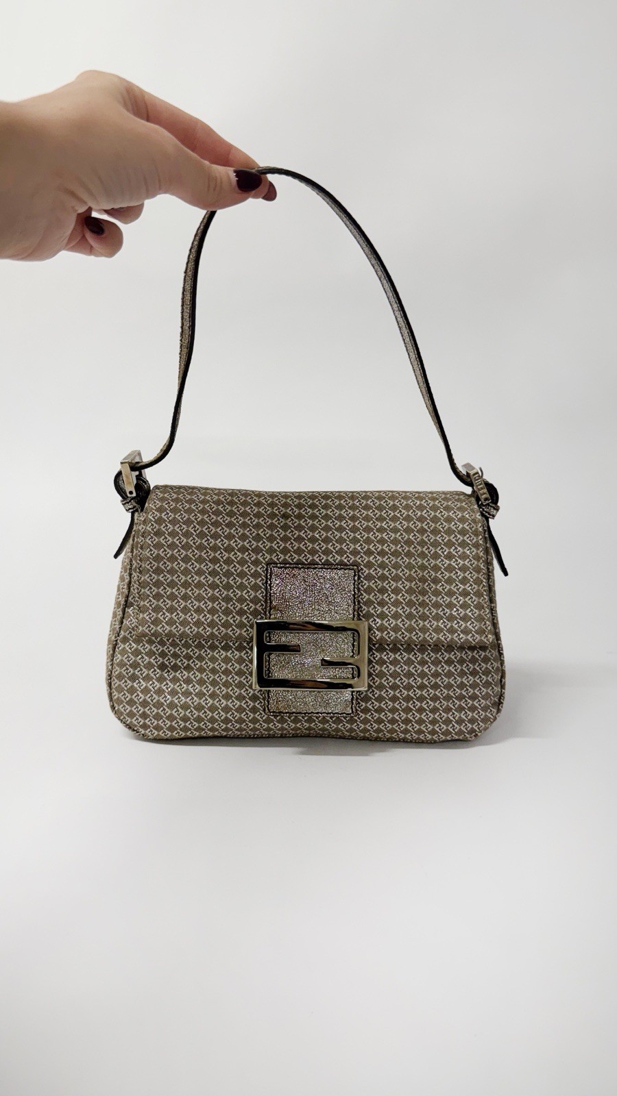 Fendi Mini Mamma Baguette — Silver Beige Canvas