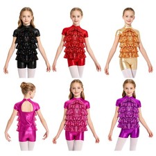 Girls Outfit Sparkly Set Ruffle Top  Shorts Zipper Back Dance Costume Sequin