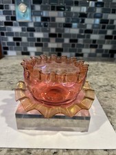 STEVENS & WILLIAMS ART GLASS Finger bowl & plate , CRANBERRY w/ Gold Threading