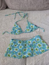 Y2K Vintage 2000 Sunset Beach floral aqua bikini set skirt triangle top S small