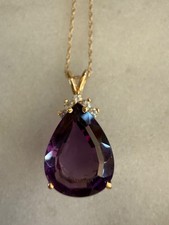 Large Natural Amethyst and Diamond Pendent Necklace in 14K Solid Yellow Gold