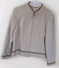 Pendleton Houndstooth Plaid Women's Sz 12 Virgin Wool Leather Trim Jacket Blazer