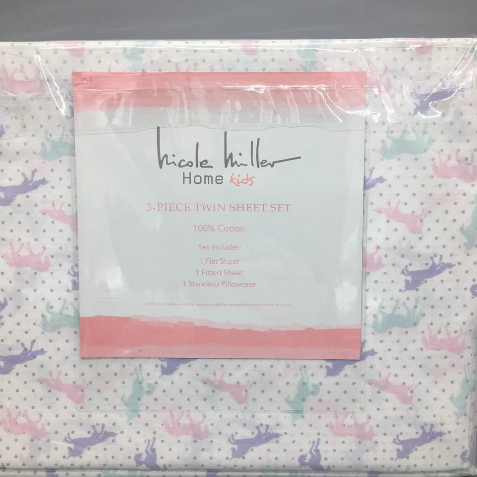 3pc Nicole Miller Unicorn TWIN Sheet Set Pink Purple Turquoise Silver Polka Dots - Image 2 of 4