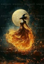 WITCH FIERY DRESS ART PRINT, Halloween Decor, Witchy Poster, Gothic Moon E480