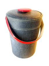 VTG MCM GEORGES BRIARD Blue Jeans Denim Red Vinyl Ice Bucket USA Mod Pop Decor