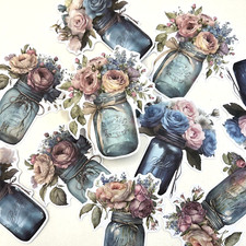 Pink Peonies Mason Jar Stickers Collage Junk Journal Scrapbooking Cardmaking