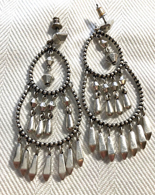 Three tiered dangle post earrings silver tone statement pieces