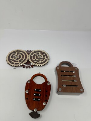 THREE WOODEN PUZZLES 2 NEW ONE OPEN FAST FREE SAFE SHIPPING
