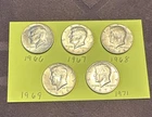 Lot Of 5 Kennedy Half Dollars 40% Silver, 1966,1967,1968,1969,1971