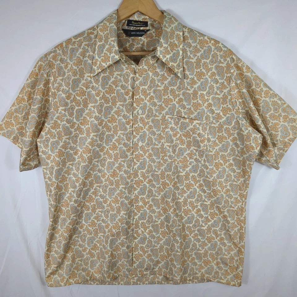VAN HEUSEN Vtg 60s 70s Qiana Nylon "Super Silk" Paisley Hawaiian Btn SHIRT XL - Image 2 of 4
