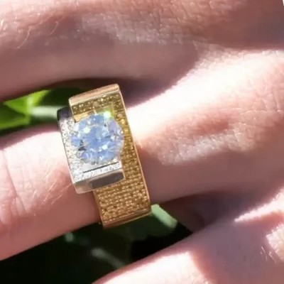 2 Ctw Round Cut Architectural Style Men's Engagement Ring 14K Yellow Gold Plated