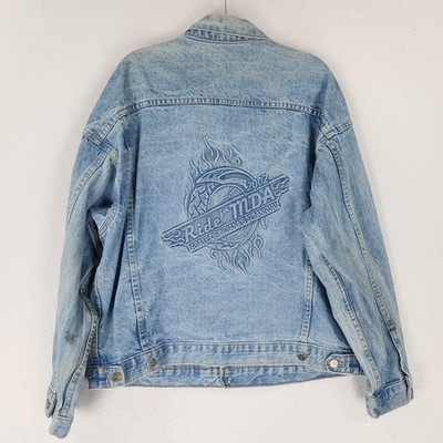 Vintage Jacket Mens XL Blue Denim Ride For MDA 2002 Embossed Motorcycle Trucker