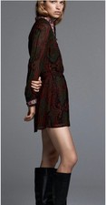 Zara Paisley Print Boho Mini Dress Embroidered Trim Long sleeves M