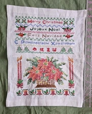 COMPLETED Handmade CHRISTMAS CROSS STITCH MULTILINGUAL MERRY CHRISTMAS ON LINEN