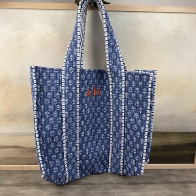 Mark & Graham Block Print Quilted Oversized Tote Bag Blue Flower Monogram  AH 