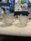 Jeanette Iris and HerringboneDepression Glas Creamer & Lidded Sugar Bowl Set 3pc