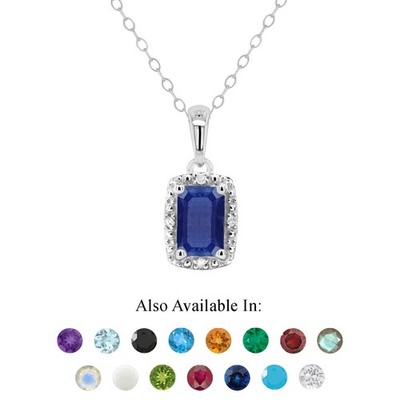 Sterlingsilber 6x4mm Smaragdschliff natürlicher Saphir Diamant Akzent Heiligenschein Anhänger