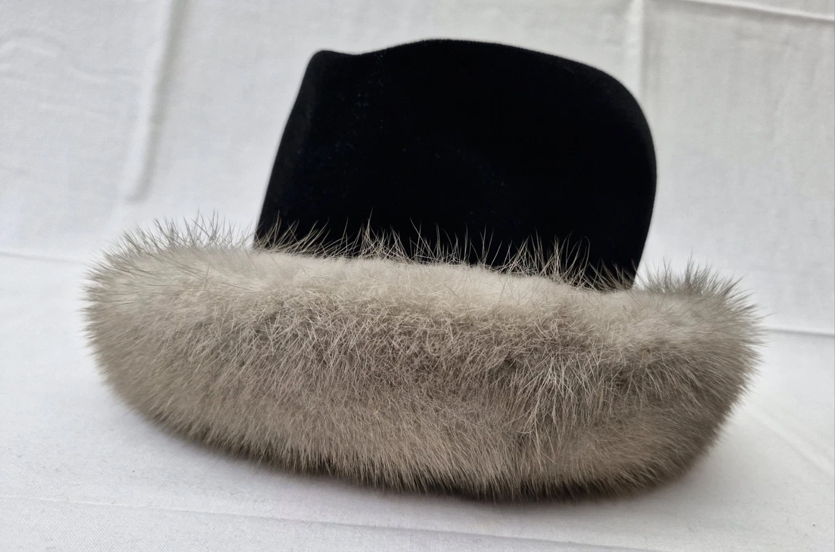 Edler Vintage Damen Hut – Schwarzer Samt mit echtem Pelzbesatz – Gr. 53 – Top...