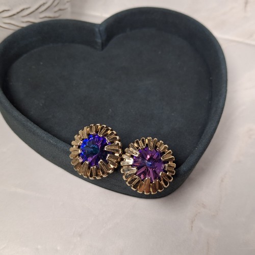 Vintage Gold Tone Round Cufflinks Faceted Purple & Blue Crystal Sunburst Setting - Picture 9 of 20