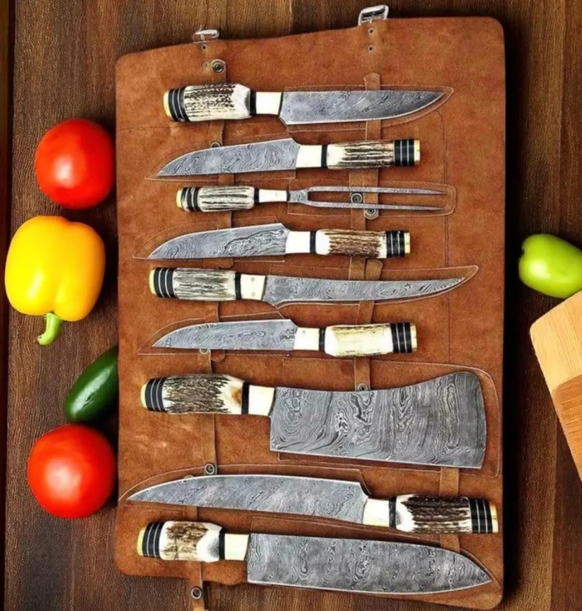 Handmade Damascus Steel Chef Knife Set, KITCHEN KNIFE SET Deer Horn Handle