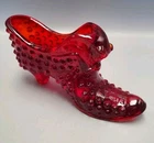 Vintage Fenton Ruby Red Hobnail Cat Head Glass Slipper Shoe “Excellent!”