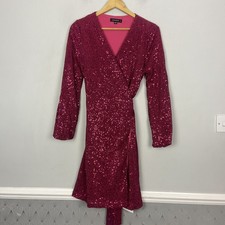 Vesper Wrap Dress Pink Sequin Size 10 Long Sleeve Party Sparkly Going Out