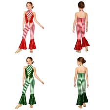 Kids Girls Unitard Backless Jumpsuit Sleeveless Bodysuit Striped Print Costume