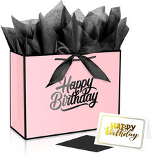 Pink Black Birthday Gift Bag with Tissue Paper for Women Girls 12.6" Party Favor