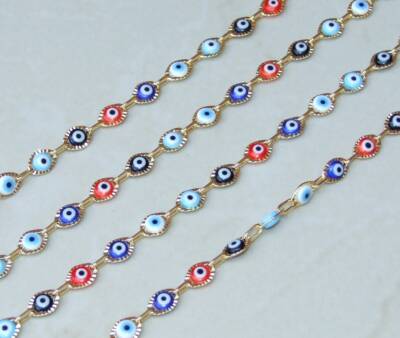 Multi-color Glass Evil Eye Rosary Chain, Bulk Chain, Marquee Bead, Beaded